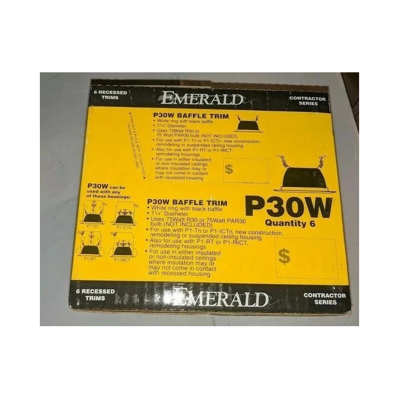 Emerald 6" White Ring Black Baffle Trim- P30W (6 Pack)