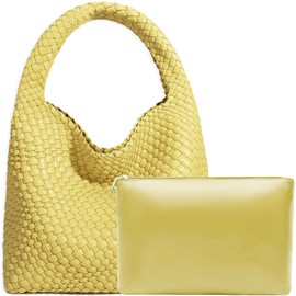 Women Vegan Leather Hand-Woven Tote Handbag Fashion Shoulder Top-handle Bag All-Match Underarm Bag with Purse (Chicken yellow)