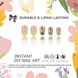 Green Press on Nails Short Almond MABKJLF French Tip Fake Nails False Nails with Designs Blue Rhinestones Butterfly Glossy Glue on Nails Spring Summer Acrylic Nails for Women Girls 24 Pcs