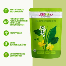 Lebepur Lebepur BIO SUPER GREEN powder 500g - superfood powder with barley grass, wheat grass, spinach, nettle, kale, chlorella and spirulina - suitable for green smoothies in raw food quality
