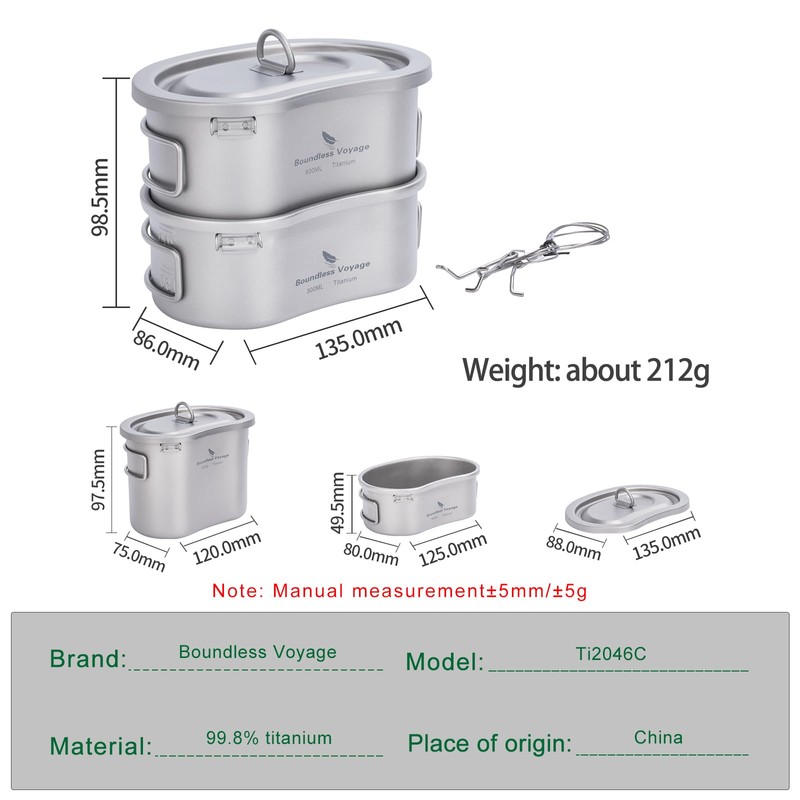Boundless Voyage Titanium Canteen Mess Kit with Folding Handle Ultralight