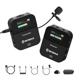 Wireless Pin Microphone, Moman C2 Wireless Microphone System for SLR Cameras, Camcorders, Smartphones, Computers, 1 Transmitter & Receiver, Webinars Lectures, Workshops, YouTube Video Recording, Vlog