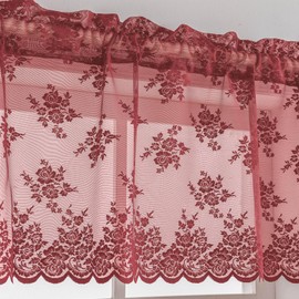 Kotile Burgundy Lace Valance for Windows 1 Panel Country Rustic Floral Knitted Sheer Valance Curtain for Windows Over Sink, Rod Pocket Privacy Light Filtering Short Curtain 18 Inch Length, 52 x 18 in