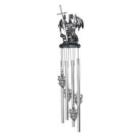 ICE ARMOR 23" Long Silver Dragon Round Top Wind Chime with Sword Statue Sculpture Ornament Decoration Garden Decor Ideas for Housewarming, Holidays and Birthdays Great Collectible
