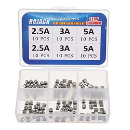 BOJACK Christmas Light Fuses Fast-Blow Glass Fuses Assortment Kit 3.6x10mm Mini Fuse 125V 2.5 3 5A amp Fuses packag in a Clear Plastic Box