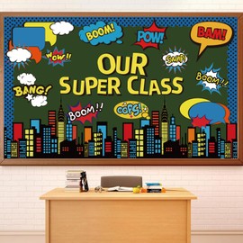 FYSUIMU 52Pcs Super Themed Hero Bulletin Board Decoration Set Cityscape Saying Bubble Paper Cutouts with Glue Points for Holiday Party Classroom Supplies