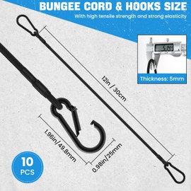 MILYARD 10 Pack Mini Bungee Cords with Carabiner Hooks 12 Inch Length Bungie Straps for Shelf Outdoor Tree Hanging Camping Plant, 5mm Dia. Cords