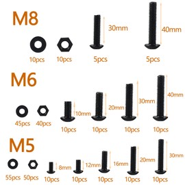Rshuhx Threaded Screws Set M5 M6 M8 Hex Screws 310 Pieces Carbon Steel Black Round Head Screw and Nuts Washers Set Equipped with a Hex Key