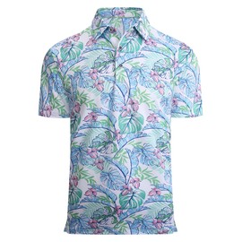 Alex Vando Mens Hawaiian Golf Shirt Moisture Wicking Digital Print Golf Shirts for Men,White Green Leaf,L