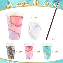 90 Pack 16 oz Marble Paper Coffee Cups Marble Disposable Paper Coffee Cup with Lids and Stirrers Hot/Cold Beverage Drinking Cup for Water Juice Coffee or Tea Suitable for Home Shops and Cafes