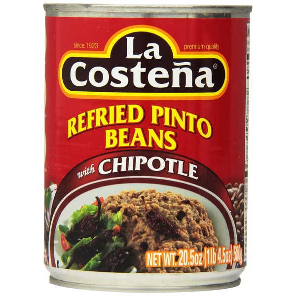 La Costeña Refried Beans with Chipotle | Rich, Creamy Refried Pinto Beans with the Subtle Smokiness of Roasted Chipotle Peppers | 20.5 Ounce Can (Pack of 12)