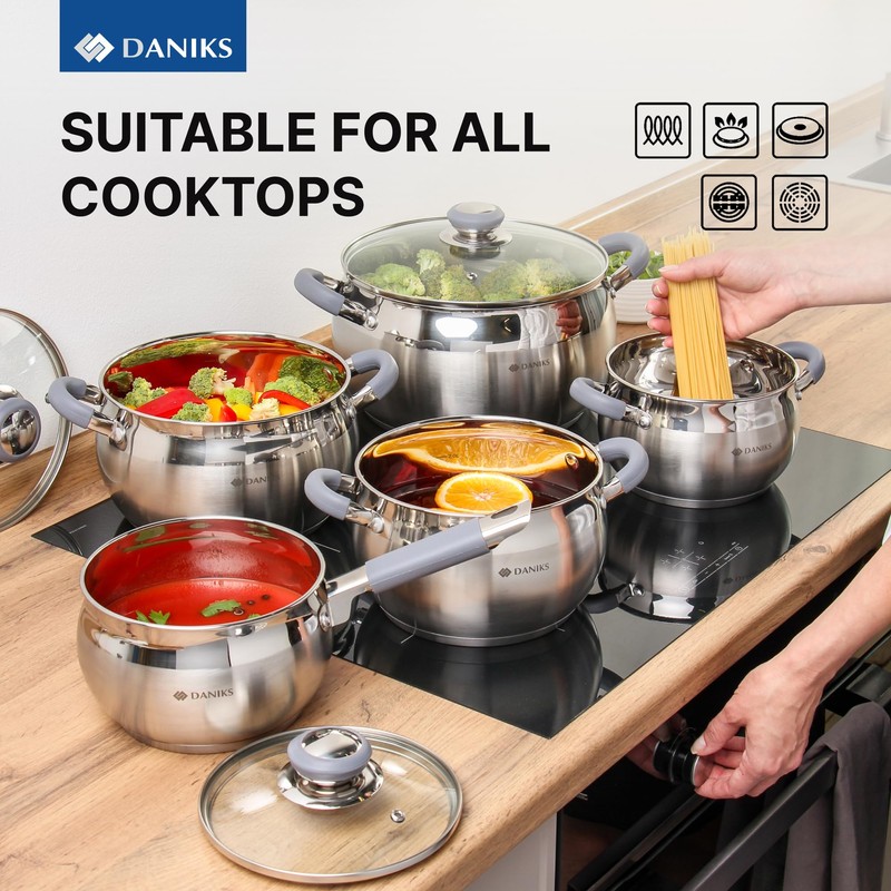 Daniks Modern 10-Piece Stainless Steel Cookware Set with Glass Lids,