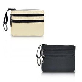 FuninCrea 2 PCS Small Coin Purse with 3 Zipped Pockets and Key Ring for Women, Canvas Small Wallet Mini Change Purse Portable Card Holder Keychain Wallet Coin Pouch for Card Coin Key (Black+Beige)