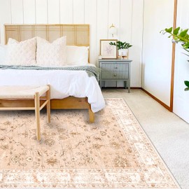 CHAMPLANT Area Rug 9x12 Washable Tangerine Vintage Traditional Mat Distressed Indoor Foldable Thin Retro Accent Floral Print Rug Non Slip Carpet Living Room Dining Room Office