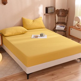 Mengersi - Sábana bajera ajustable de 100 % algodón de punto, sábana bajera ajustable de 1 pieza, funda de colchón de bolsillo extra profundo (amarillo, matrimonial)