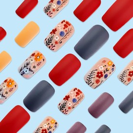 24Pcs Flower Press on Nails Medium Square Length Fake Nails Red Beauty Design Glossy False Nails Glue Full Cover Acrylic Nails Reusable Artificial Nails Stick on Nails for Women DIY Nails