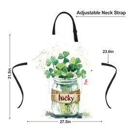 THISFIND St Patrick's Day Apron with Pockets, Lucky Clover Shamrock Waterproof Kitchen Apron, Adjustable Adult Bib Apron for Irish Party Cooking, Novelty Gifts for Women Men