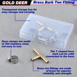 GOLD DEER 2PS 1/4" 3 Ways Brass Hose Splicer Fitting With 6 PCS Hose Clamp Brass Barb Tee Fittings ID Hose Pipe Fitting T-Shaped 3 Way Union Intersection Fitting Barbed Tee Connector for Oil Water Air