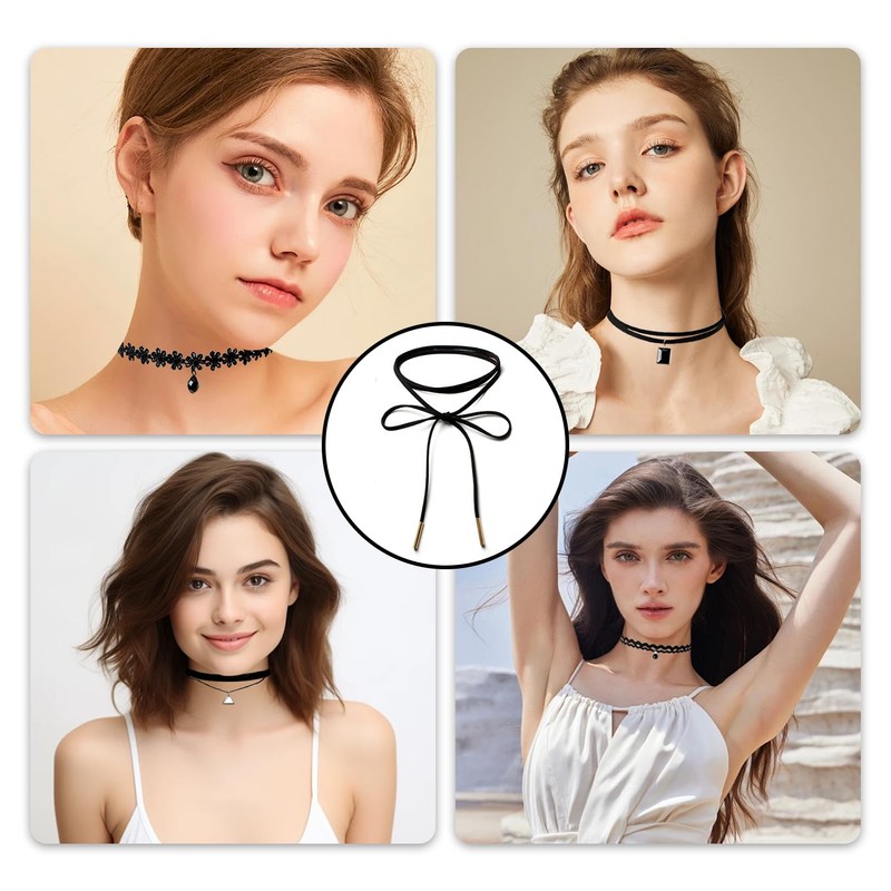 Set of 10 Choker Necklaces, Women's Choker Necklace, Black, Velvet