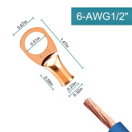 10PCS Battery Cable Ends, 6 Gauge Wire Connectors 1/2 Copper Wire Lugs, Bare Copper Eyelets with Heat Shrink Tubing by HOUSUN