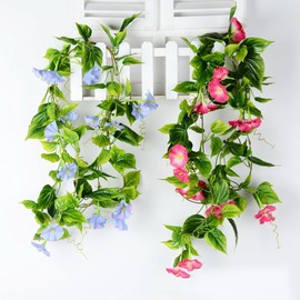 Artificial Vines Morning Hanging Plants Silk Garland Fake Blue Flower 2pcs Wall Fence Stairway Outdoor Wedding Hanging Baskets Decor