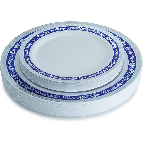Posh Setting Royal Collection White Plastic Plates With Silver & Royal Blue Plastic Plates Design (Includes 20 10.25'' Dinner Plates and 20 7.25'' Salad Plates) Fancy Disposable Dinnerware