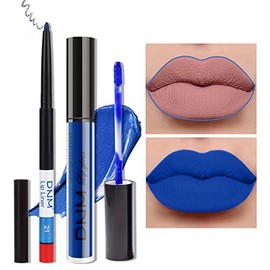2Pcs Matte Dark Blue Lip Liner and Lipstick Makeup Set, DNM Matte Liquid Lipstick 24H and with Lip Liner Set Waterproof Long Lasting labiales mate 24 horas originales matte larga duracion 24 21#
