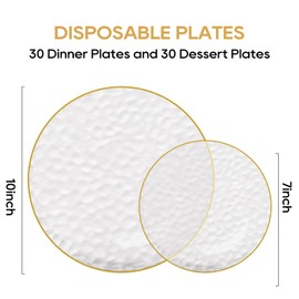 FOCUSLINE 60Pcs Clear Plastic Plates, Clear Disposable Plates with Gold Rim, 30 7" Salad Dessert Plate and 30 10" Dinner Plate Heavy-duty Hammered Plates for Party, Wedding