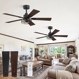 Fanbulous 2 Pack Farmhouse 42 Ceiling Fans with Lights, Black Industrial Caged Ceiling Fans for Bedroom Living Room, Double-Sided 5 Blades Rustic Ceiling Fan