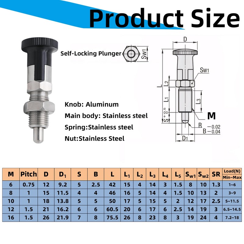 Vleant M16 Stainless Steel Self-Locking Knob Spring Plunger with Spring