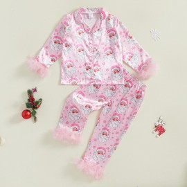 Twopumpkin Toddler Girl Christmas Satin Silk Pajamas Button Down 2 Piece Pajama Set Little Kids Girls Pjs Nightgown Outfit (Christmas Feather Trim Santa Pink, 2-3 Years)