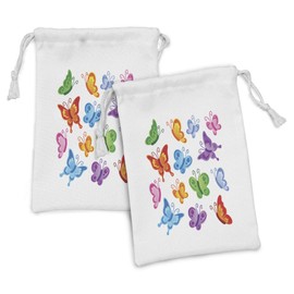 Ambesonne Butterfly Fabric Pouch Set of 2, Colorful Butterfly Pattern Ornamentation Winged Animal Love Graphic Print, Small Drawstring Bag for Toiletries Masks and Favors, 9" x 6", Multicolor