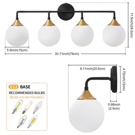 Ritakcdn Bathroom Light Fixtures, 4-Light Black Gold Bathroom Vanity Lights Over Mirror, Modern Farmhouse Wall Sconce Lighting with Milk White Glass Ball Shades