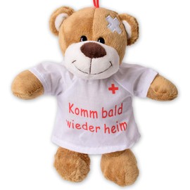 TE-Trend Plush Teddy Bear Get Well Soon Teddy Get Well Gifts Bear Lucky Charm Cuddly Toy T-Shirt Come Soon Back Home 24 cm Brown