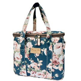 Kwang Min Floral Insulated Picnic Cooler Bag,Reusable Large Lunch Bag for Women,Cooler Bag for Outdoors,Boating,Beach,Party,Premium Waterproof Fabric,Adjustable Strap,Ideal Floral Bag (Navy Peony)