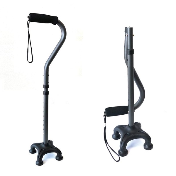  Click image to open expanded view       Adjustable Folding Quad Cane for Right or Left Hand Use, Lightweight, Self Standing Small Base Walking Stick for Travel and Storage, Four Prongs Collapsible Cane, Metallic Grey