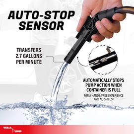 TERA PUMP Fuel Transfer Pump for Gas and Diesel (Upgraded 5th Gen) - 39" Strong Vinyl Hose w/Battery Powered Auto-Stop Sensor Nozzle for Overflow Protection with Built-In Universal Adapter (2.7GPM)