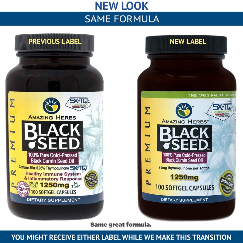 Amazing Herbs Black Seed Oil Pills 1250mg, 100 Softgel Capsules