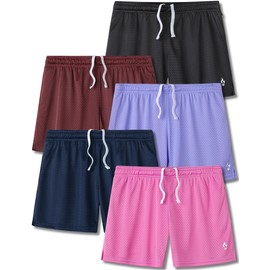 5-Pack Womens Athletic Shorts Mesh Basketball 5" Inseam Ladies Active Sports Set with Zipper Pockets (Set 2, X-Large)