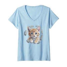 Womens Funny Orange Tabby Cat Torn Fabric V-Neck T-Shirt