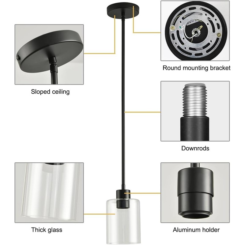 KLSS Black Pendant Lights Kitchen Island - Clear Glass Pendant