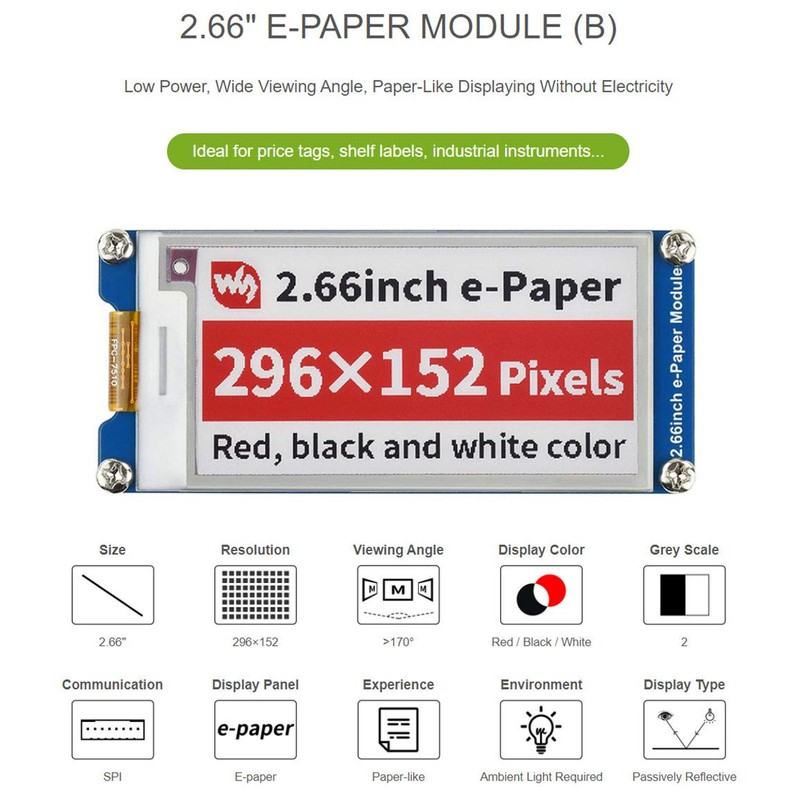 Coolwell 2.66 inch E-Paper E-Ink Display Module (B) for Raspberry