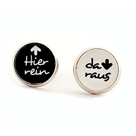 HAPPY CROWNS Stainless Steel Stud Earrings Silver Round 10 mm Cabochon Earrings Hier rein da raus Jewellery Unique Piece from Germany Nickel-Free Earrings Handmade