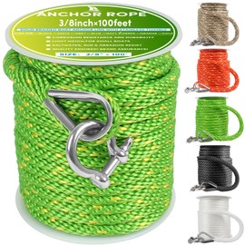 Premium Anchor Rope 100 ft x 3/8 inch, Solid Braid MFP Anchor Line Boat Rope with Thimble & Shackle - Green/Yellow