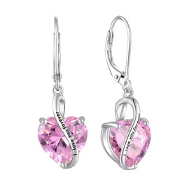 YL Women's Heart Earrings 925 Sterling Silver "I Love You" Drop Earrings 12 Birthstone Cubic Zirconia Jewellery Gifts for Mother Girlfriend Women, Silver, Cubic Zirconia