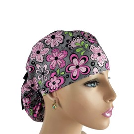 Ponytail Medical Scrub Cap - Pink & Gray Madison Floral - Or Hats, Turn Up Ponytail Scrub Hats, Ponytail Scrub Hats, Bouffant, Scrub Hats for Women, Unisex Surgical Caps, Dr. Hats, Nurses Hats