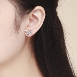 Vintage Filigree Butterfly Studs Earrings for Women S925 Sterling Silver Small Stud Fashion Hypoallergenic Jewelry Cute for Her (Silver)