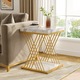 Tribesigns Square End Table White Gold 2-Tier Side Table Modern Small Bedside Table with Storage for Couch, Sofa Side Table with Stylish Metal Frame for Living Room (1, Faux Marble White+Gold)