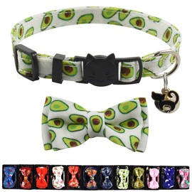 Cat Collar Breakaway with Bell and Accessories, Printing Kitten Collar Bowtie for Kitty 19 Colors Adjustable 7.5-11in(Avocado)