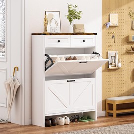 oneinmil Shoe Storage Cabinet, Farmhouse Shoes Organizer Cabinet with 2 Flip Drawers & 2 Sliding Drawers, Freestanding Narrow Shoe Rack Cabinet for Entryway, Hallway, Living Room, White